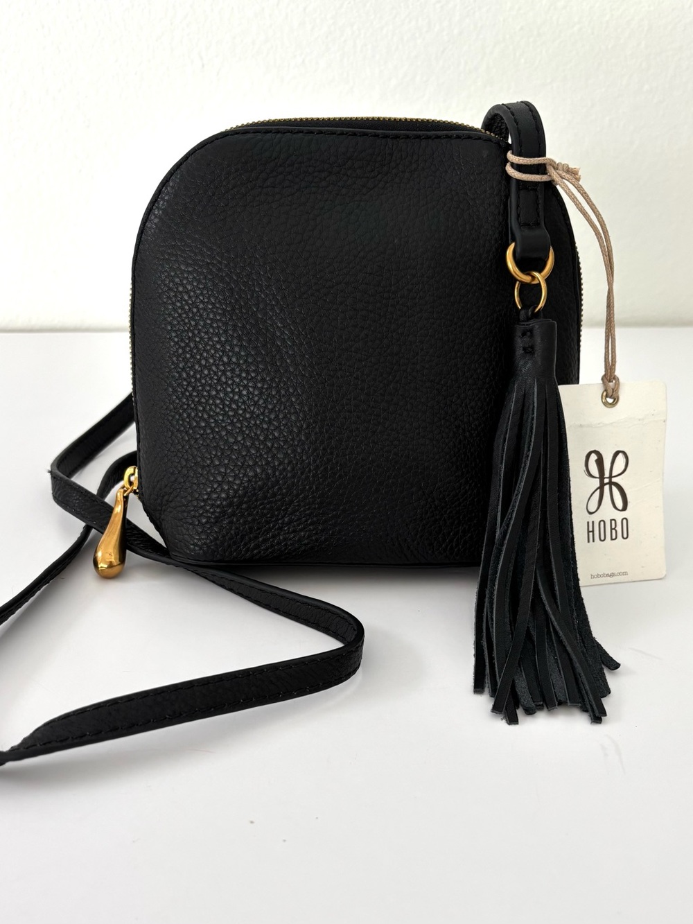 Hobo Nash Crossbody Bag NWT Black Pebbled-Leather Tassel Compact Minimalist Icon